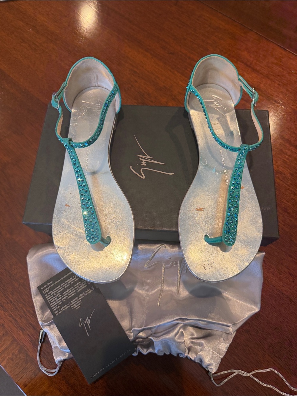 GIUSEPPE  ZANOTTI Turquoise Crystal T-Strap Flat Sandals EU 37 Italy Box